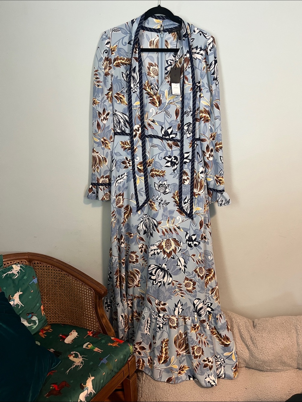 BCBG Light Blue Floral Maxi Dress with Brown and Navy Accents